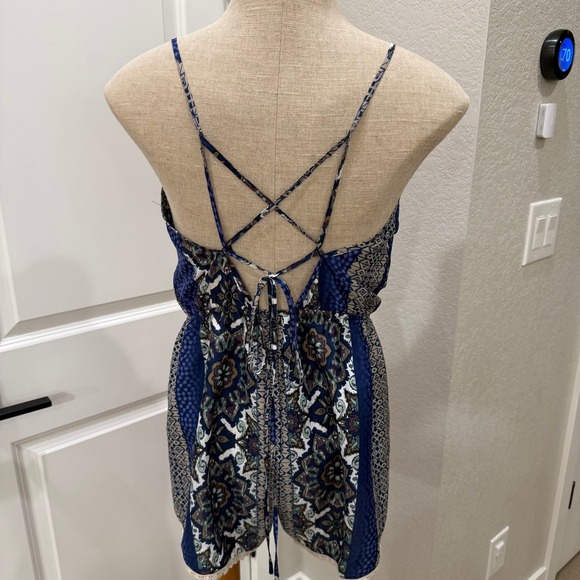 Lush Womens Romper XS Blue Brown Boho Sleeveless Casual V Neck‎ Criss Cross - Picture 6 of 8